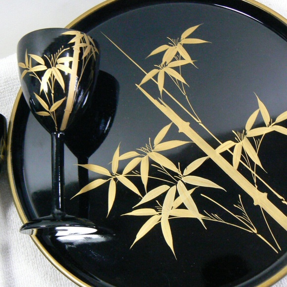 VTG black lacquer Bamboo design gold on black lacquer set of 6 goblets tray Box - Picture 10 of 12